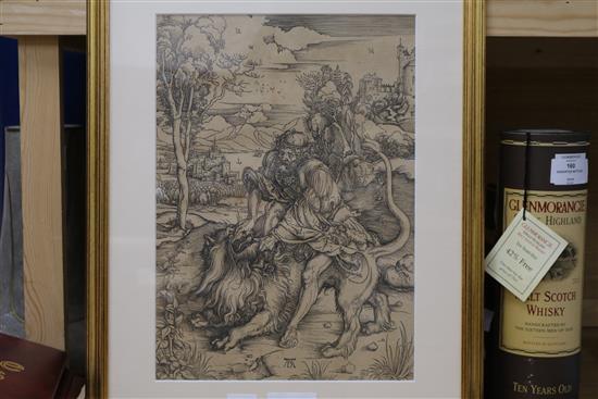 After Albrecht Durer, woodblock, 36.5 x 27.5cm and a page from a 1580 law book